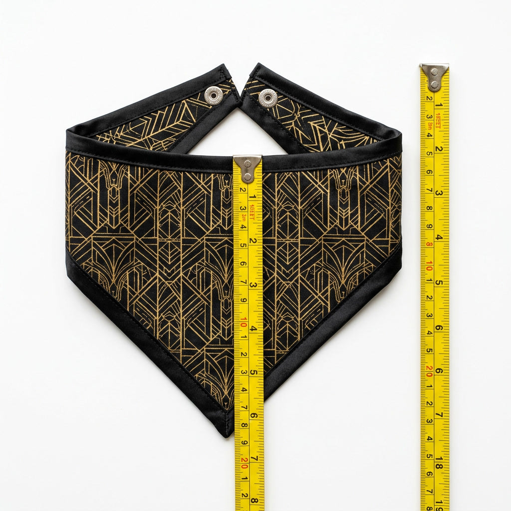 Midnight Luxe Dog Bandana – Black and Gold Art Deco Print, Satin Trim, Snap-On
