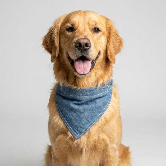 Denim Blue Dog Bandana – Chambray with White Stitching, Snap-On