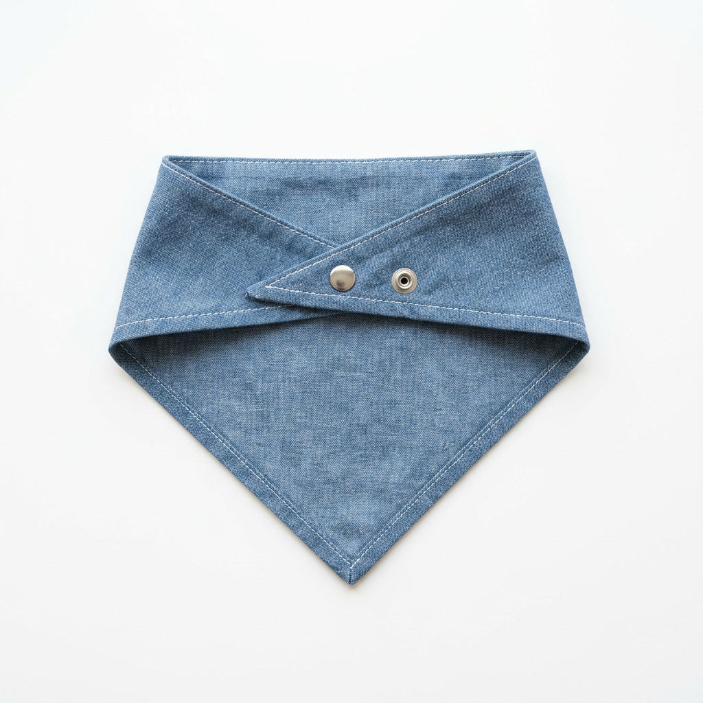 Denim Blue Dog Bandana – Chambray with White Stitching, Snap-On