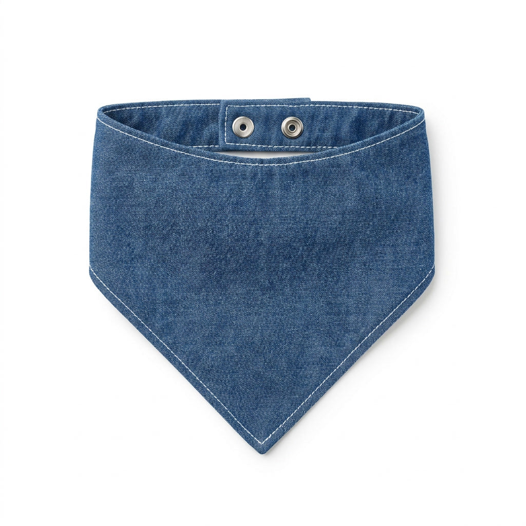 Denim Blue Dog Bandana – Chambray with White Stitching, Snap-On