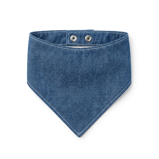 Denim Blue Dog Bandana – Chambray with White Stitching, Snap-On