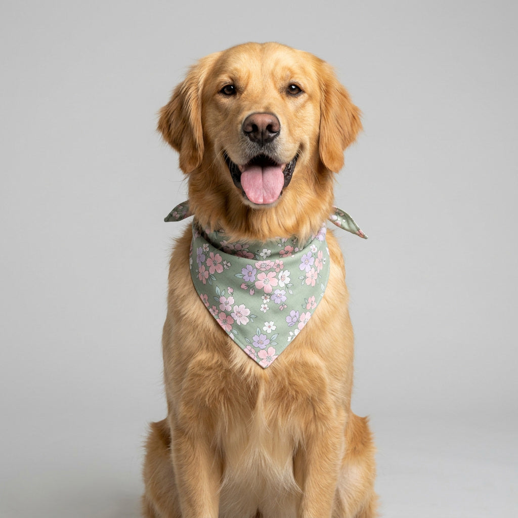 Meadow Floral Dog Bandana – Sage Green Cotton, Pastel Floral Print, Tie-On