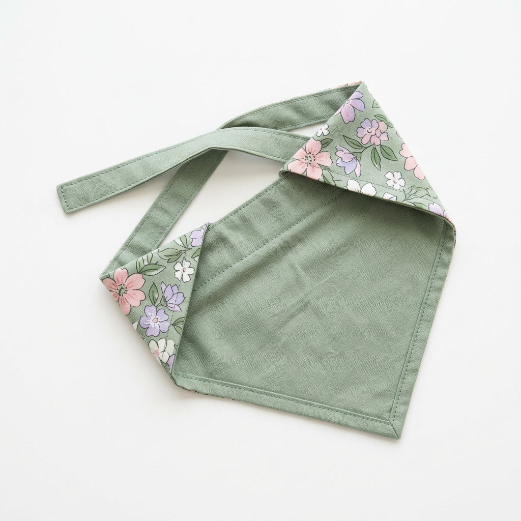 Meadow Floral Dog Bandana – Sage Green Cotton, Pastel Floral Print, Tie-On