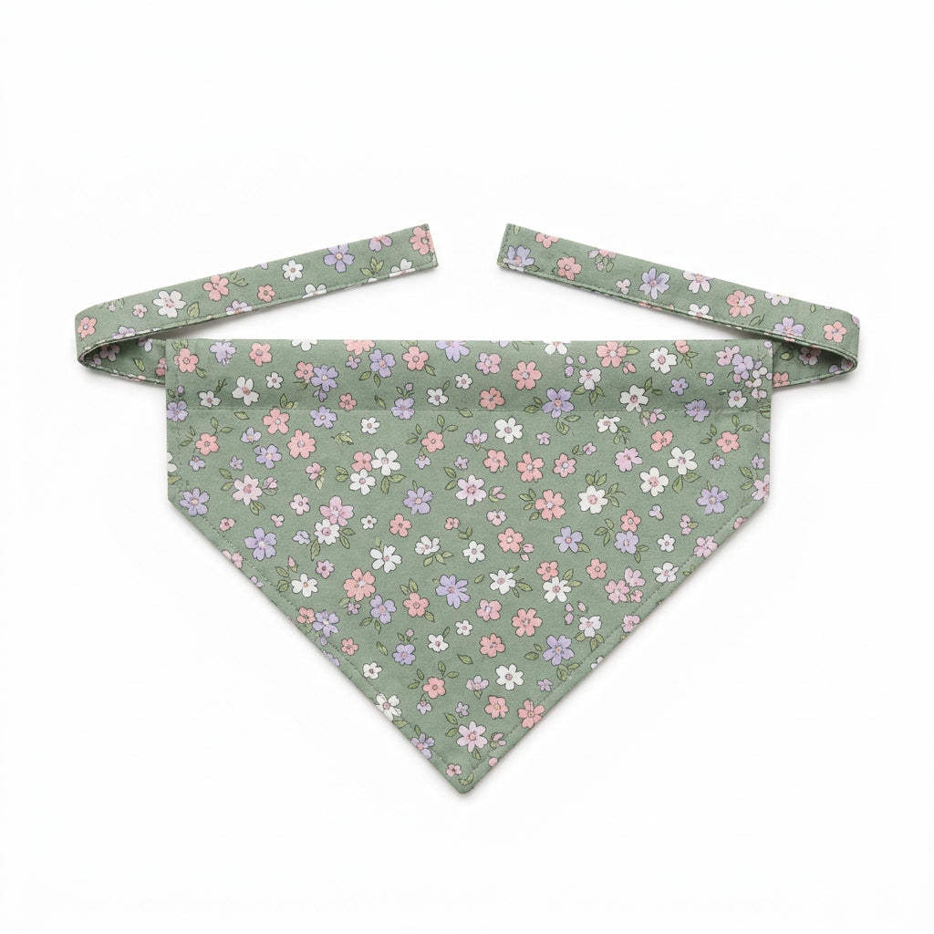 Meadow Floral Dog Bandana – Sage Green Cotton, Pastel Floral Print, Tie-On