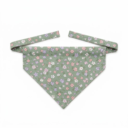 Meadow Floral Dog Bandana – Sage Green Cotton, Pastel Floral Print, Tie-On