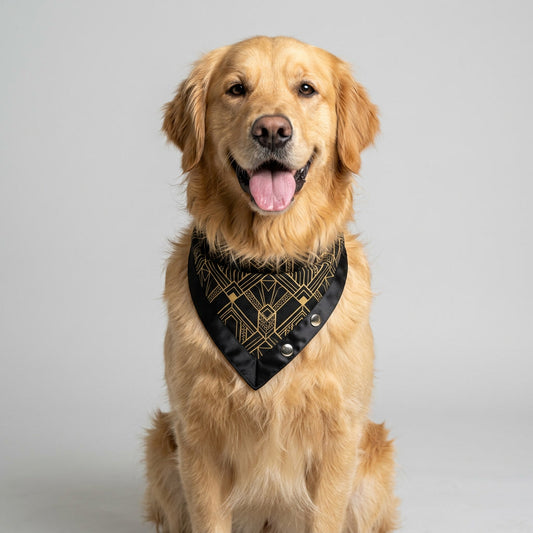 Midnight Luxe Dog Bandana – Black and Gold Art Deco Print, Satin Trim, Snap-On