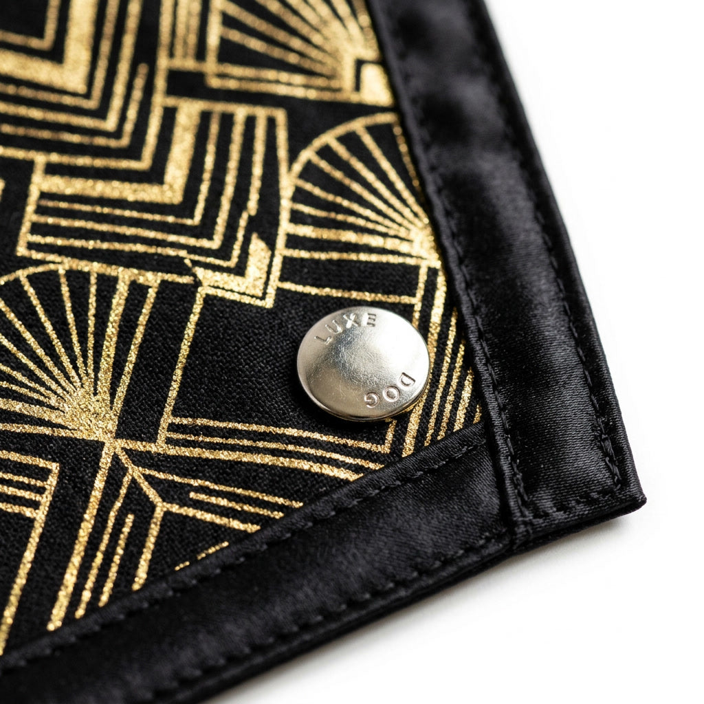 Midnight Luxe Dog Bandana – Black and Gold Art Deco Print, Satin Trim, Snap-On