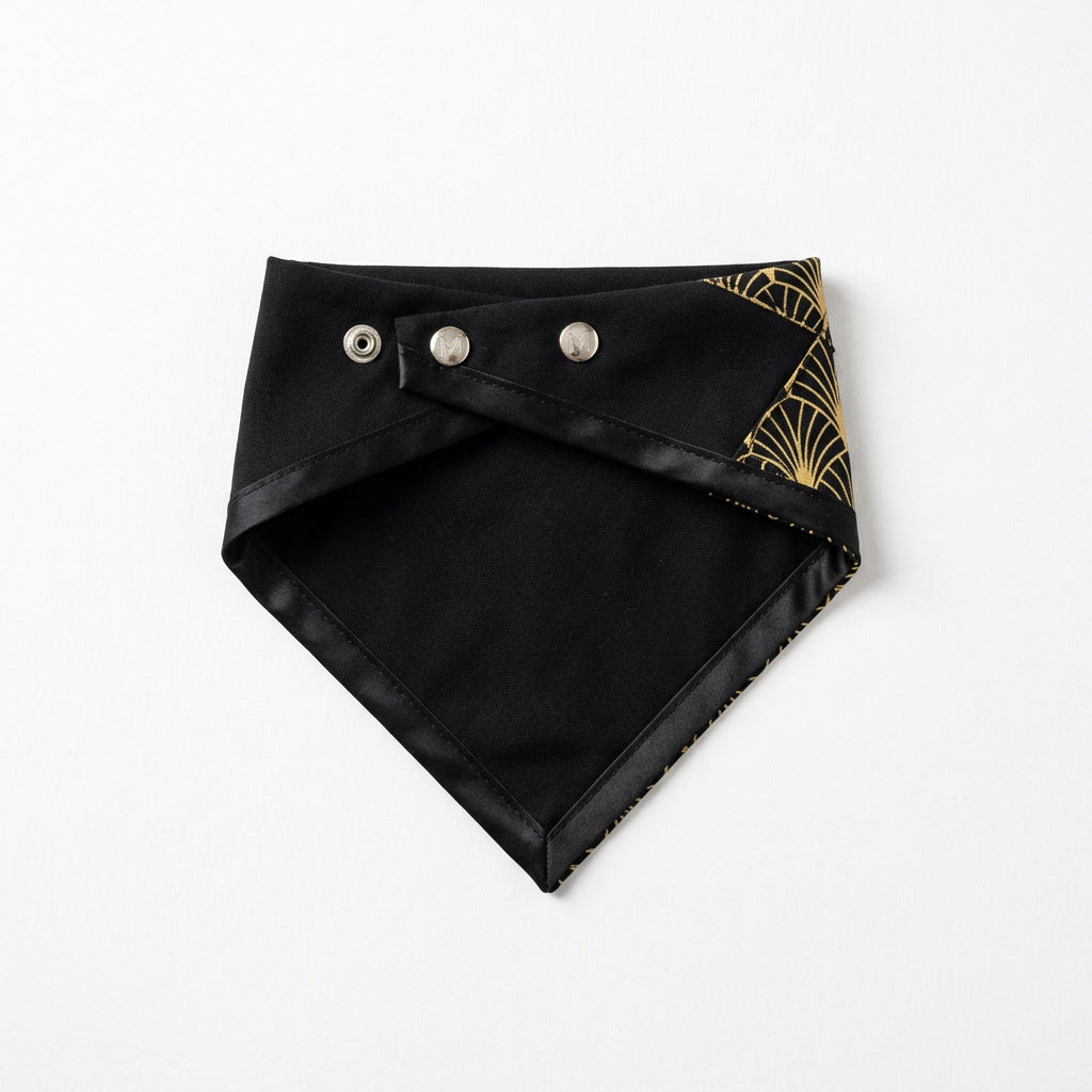 Midnight Luxe Dog Bandana – Black and Gold Art Deco Print, Satin Trim, Snap-On