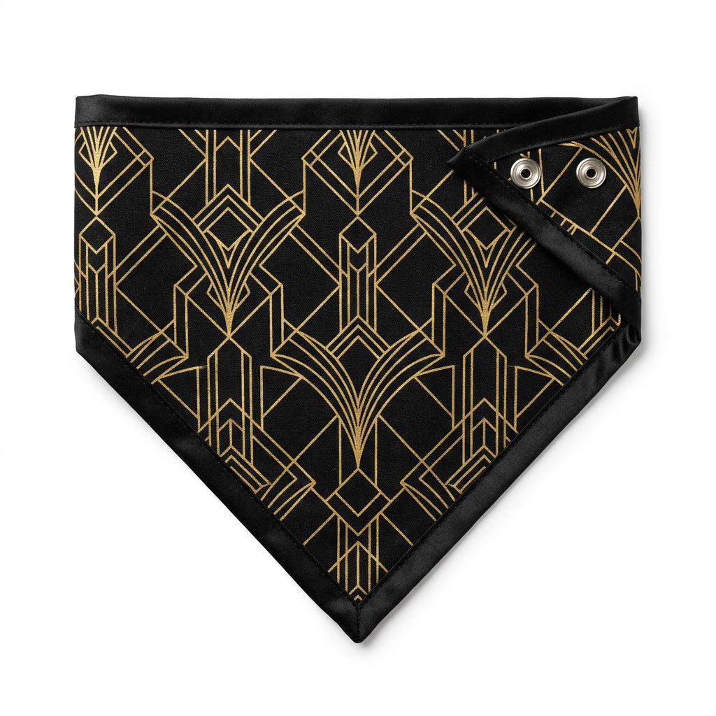 Midnight Luxe Dog Bandana – Black and Gold Art Deco Print, Satin Trim, Snap-On